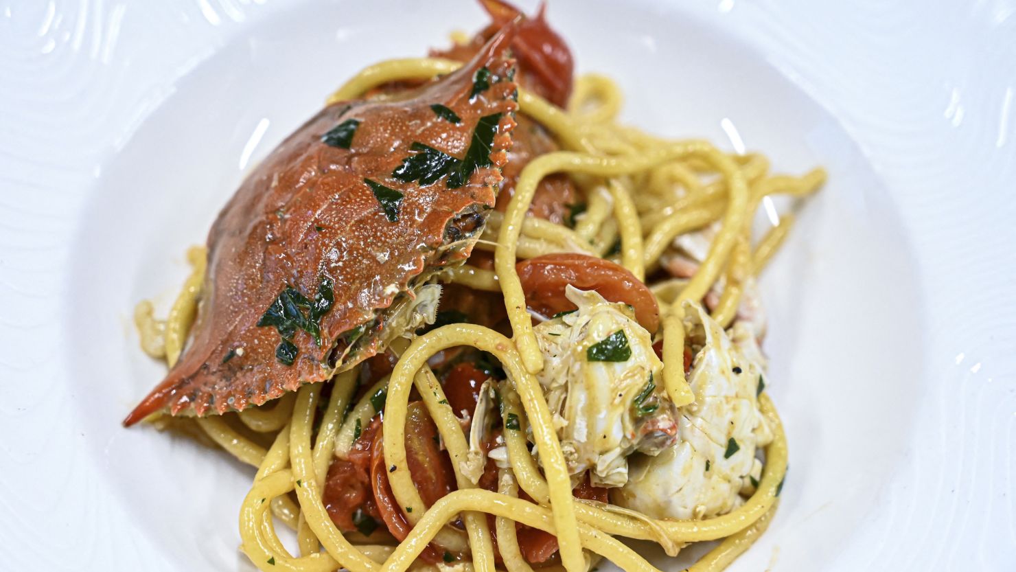 Pasta with blue crab meat, served up by Chef Luca Faraon at Ristorante Il Carro in Eraclea, near Venice. 