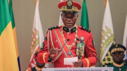 Gabon's new strongman General Brice Nguema speaks as he is inaugurated as Gabon's interim President, in Libreville on September 4, 2023.