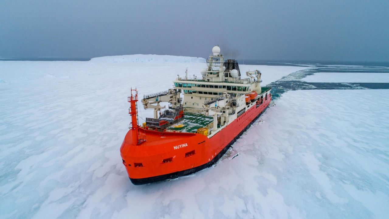 The RSV Nuyina icebreaker ship pictured in Antarctica.