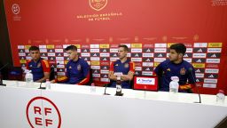 Mandatory Credit: Photo by Javier Lizon/EPA-EFE/Shutterstock (14081970a)
(L-R) Spain's players Rodri, Alvaro Morata, Cesar Azpilicueta and Marco Asensio read a press release on behalf of the whole team in Las Rozas Sports City, Madrid, Spain, 04 April 2023. Spanish male players condemn the 