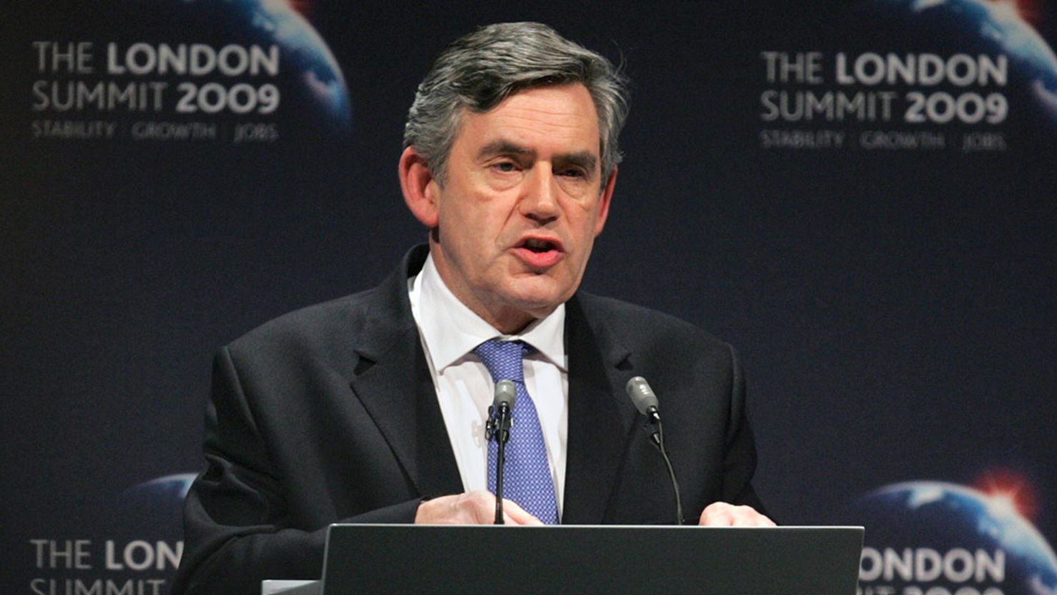 Then-British Prime Minister Gordon Brown speaks at a press conference at the end of the G20 Summit in April 2009. 