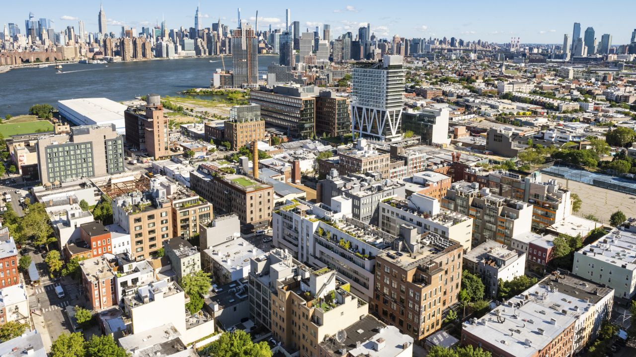NEW YORK, NY - AUGUST 13: An aerial view of the Greenpoint - Williamsburg Waterfront on August 13, 2022 in New York City. (Photo by C. Taylor Crothers/Getty Images)