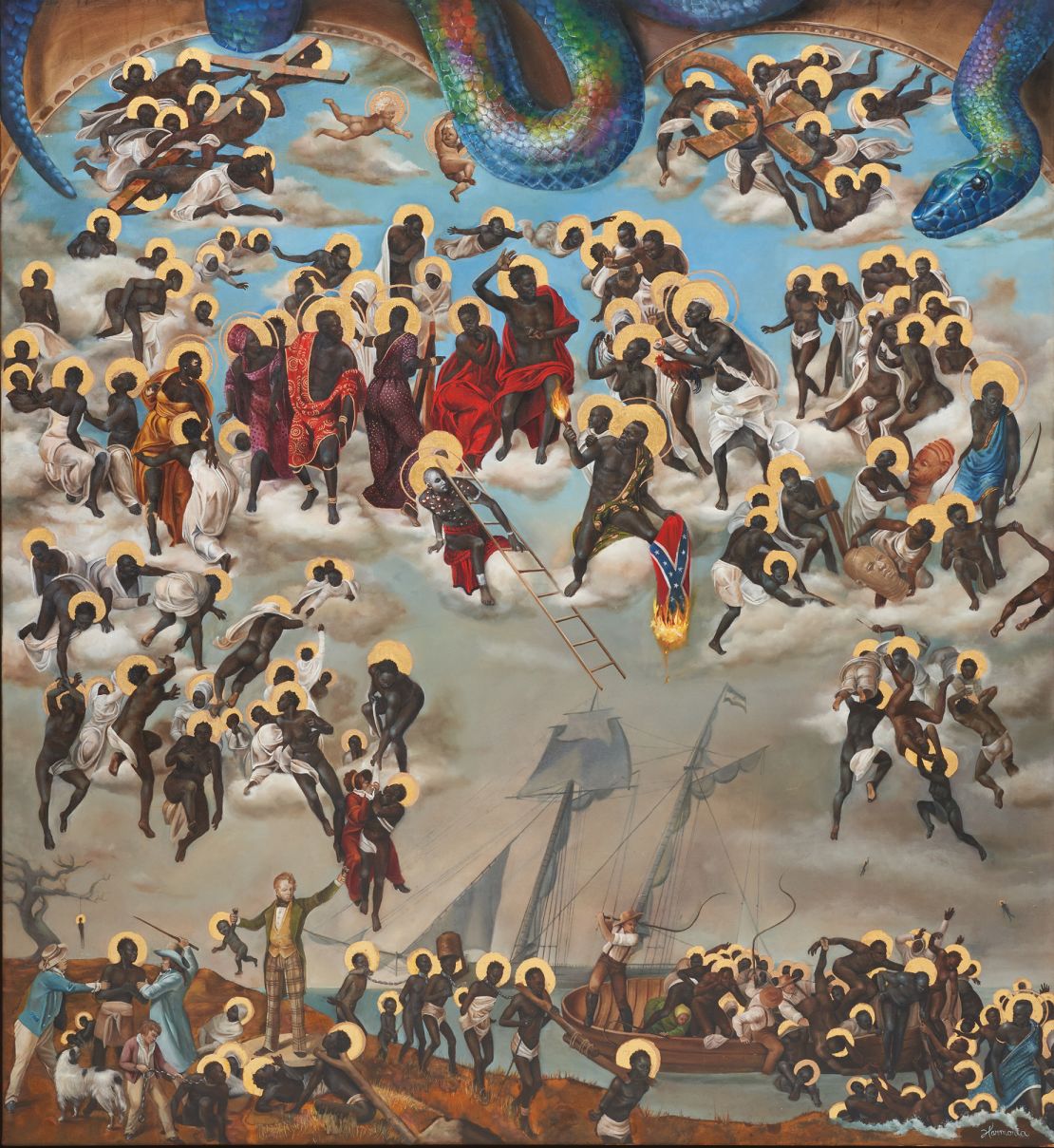 “I just switched it out to the burning of the flag because I wanted to have more of a positive — that this flag, that was putting us in a box and telling us what to do and what to believe in, is now being destroyed,” Rosales explained of her painting "The Last Judgment."