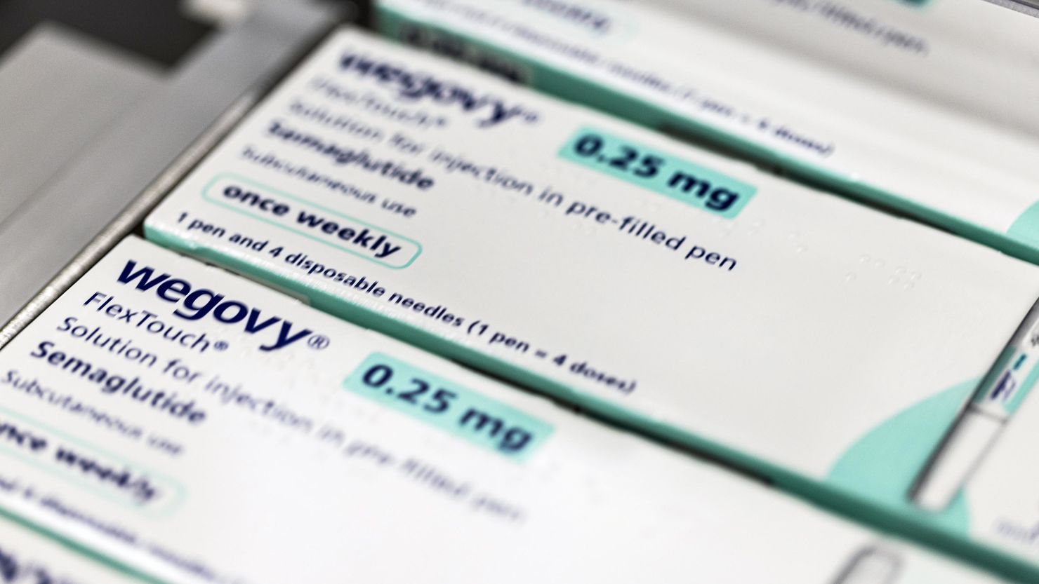 Packets of Wegovy move along a conveyor at the Novo Nordisk production facilities in Hillerod, Denmark, on Monday, June 12, 2023.