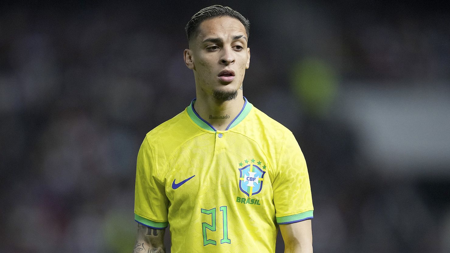 TANGIER, MOROCCO - MARCH 25: Antony of Brazil looks on during the international friendly match between Morocco and Brazil at Grand Stade de Tanger  on March 25, 2023 in Tangier, Morocco. (Photo by Alex Caparros/Getty Images)