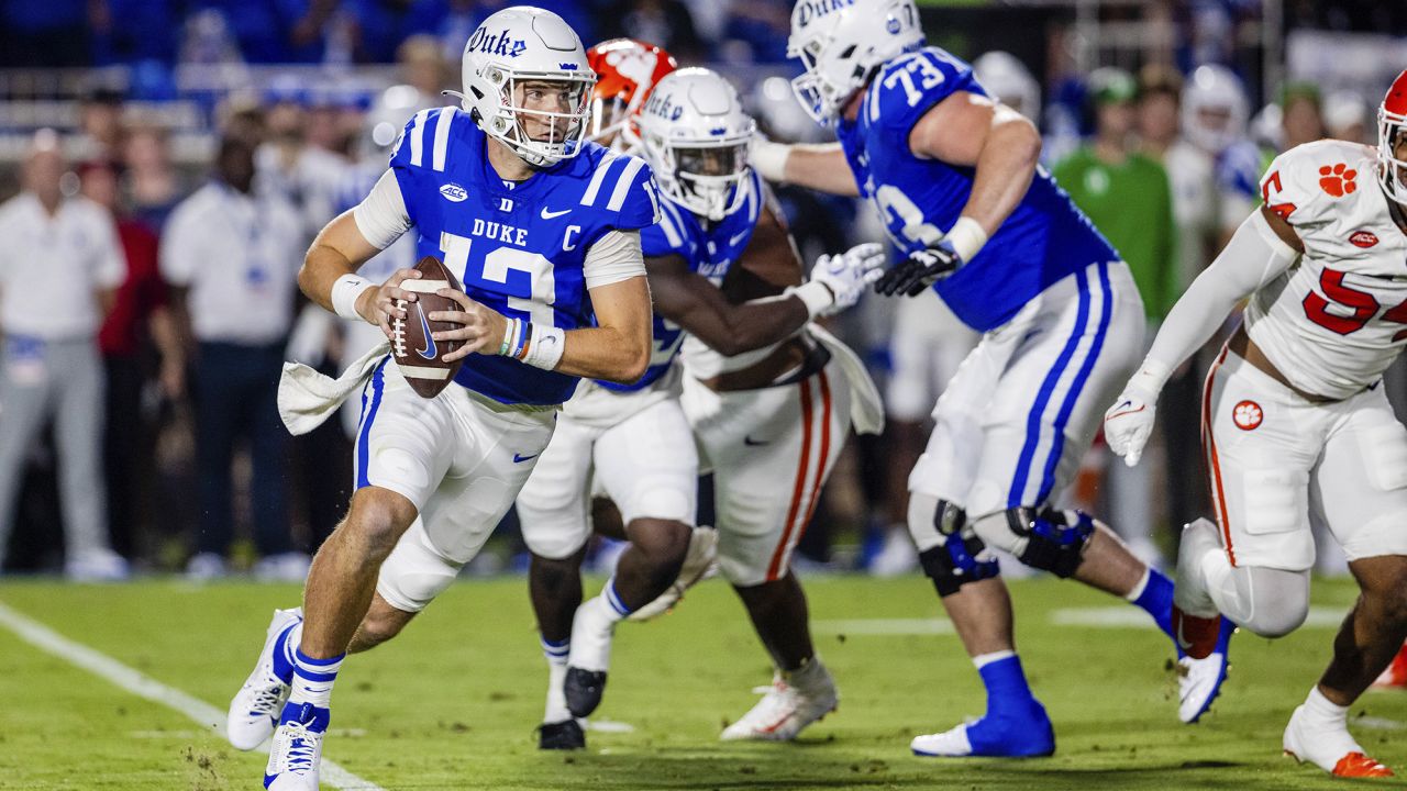 September 4, 2023: Duke Blue Devils quarterback Riley Leonard (13) runs with ball during the second quarter against the Clemson Tigers in the ACC Football matchup at Wallace Wade Stadium in Durham, NC. (Scott Kinser/CSM) (Credit Image: © Scott Kinser/Cal Sport Media) (Cal Sport Media via AP Images)
