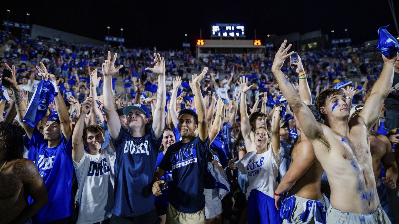 September 4, 2023: Duke Blue Devils students prepare to rush the field after defeating the Clemson Tigers in the ACC Football matchup at Wallace Wade Stadium in Durham, NC. (Scott Kinser/CSM) (Credit Image: © Scott Kinser/Cal Sport Media) (Cal Sport Media via AP Images)