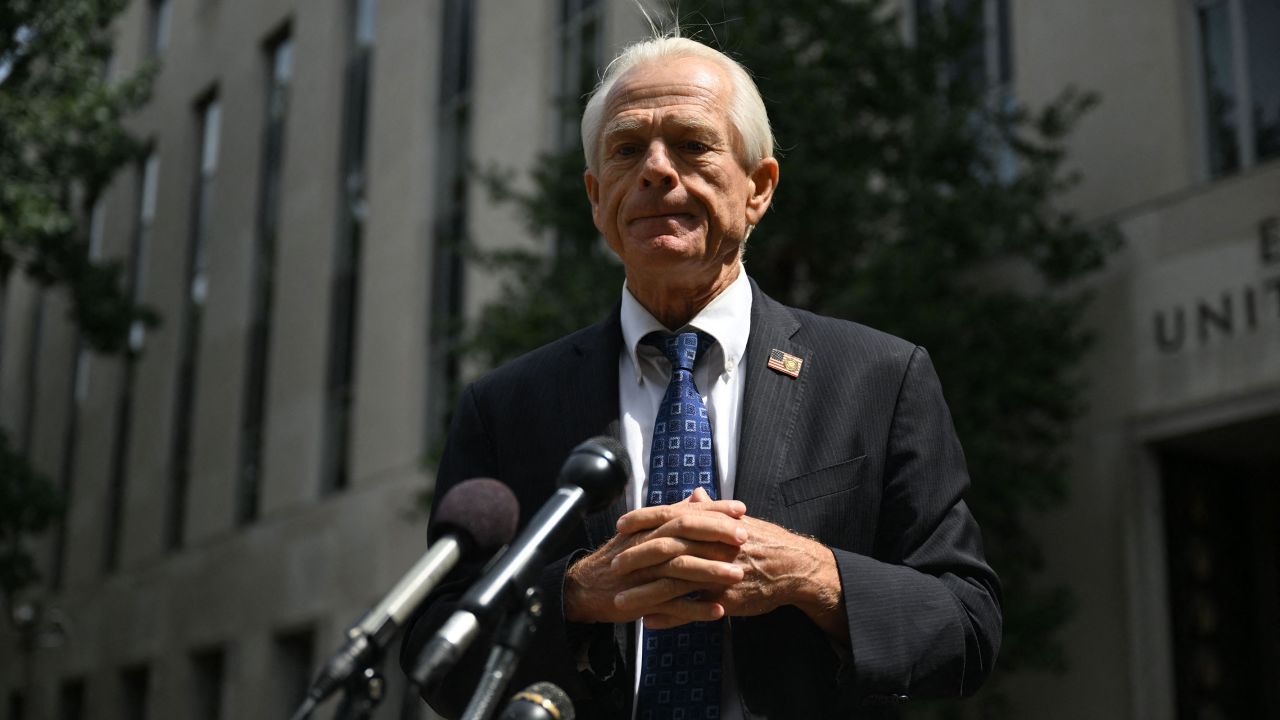 Peter Navarro speaks to members of the media outside the E. Barrett Prettyman Courthouse in Washington, DC, on August 30, 2023.