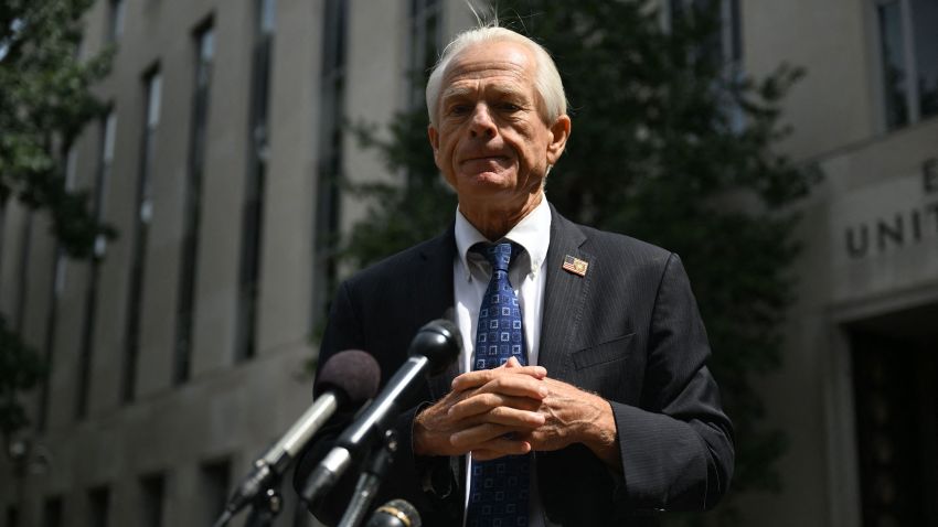 Peter Navarro, an advisor to former US President Donald Trump, speaks to members of the media outside the E. Barrett Prettyman Courthouse in Washington, DC, on August 30, 2023, following a pre-trial hearing related to his contempt of Congress case.