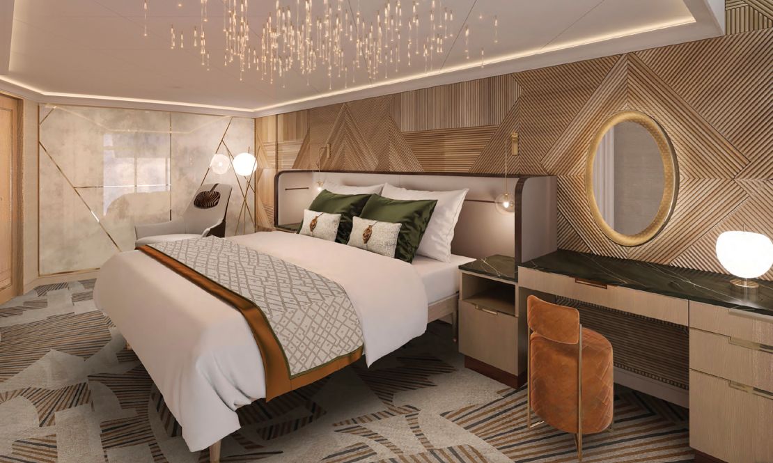 The adventure-inspired accommodations aboard the Disney Treasure will extend to four royal suites that pay tribute to the faithful feline companions of daring Disney characters. The upscale designs include the Bagheera Royal Suites, honoring the noble panther from "The Jungle Book" and the lush forests he calls home. (Disney)