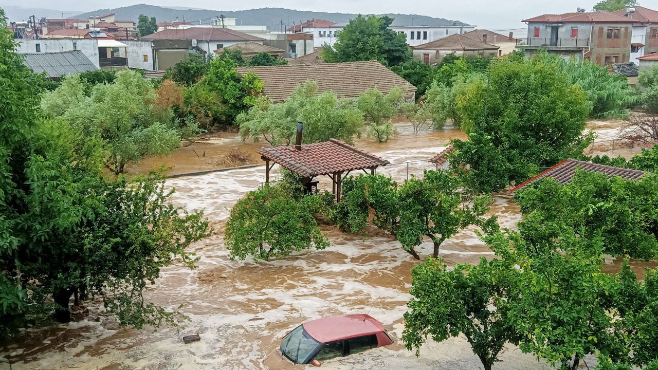 A car is submerged during a storm on Mount Pelion, near Volos, Greece, on September 5, 2023. 