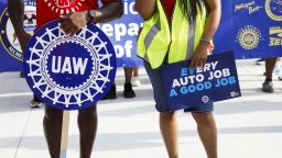 United Auto Workers members and others gather for a rally after marching in the Detroit Labor Day Parade on September 4, 2023 in Detroit, Michigan. The theme of this year's Parade is, "Labor United Stronger Than Ever!". The UAW is currently in contract negotiations with the Big Three automakers Ford, General Motors, and Stellantis, and the current UAW contract expires September 14th. 