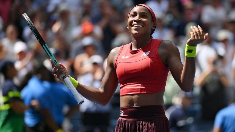 USA's Coco Gauff celebrates her win over Latvia's Jelena Ostapenko during the US Open tennis tournament women's singles quarter-finals match at the USTA Billie Jean King National Tennis Center in New York City, on September 5, 2023. (Photo by ANGELA WEISS / AFP) (Photo by ANGELA WEISS/AFP via Getty Images)