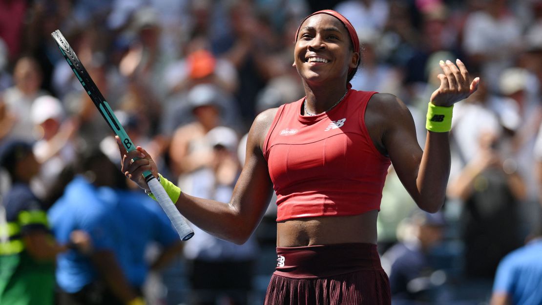 Gauff celebrates her win over Ostapenko.