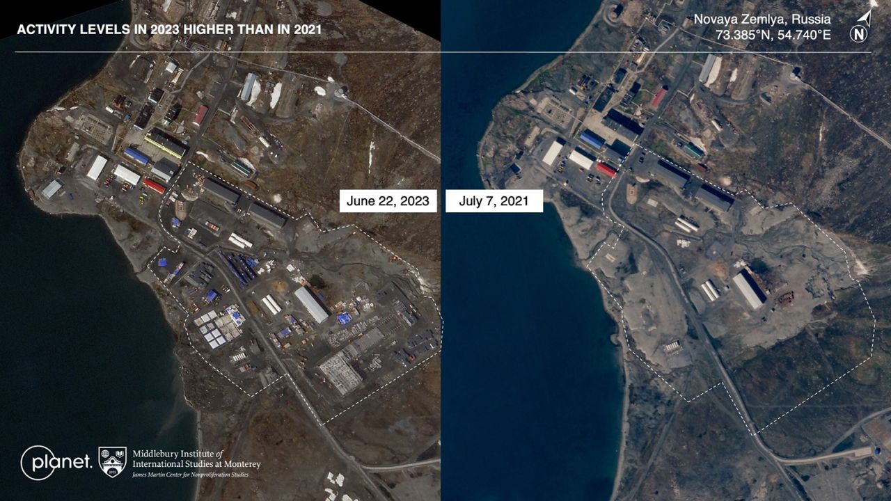 From left, activity levels in 2003 and 2021 at Russia's nuclear test site.