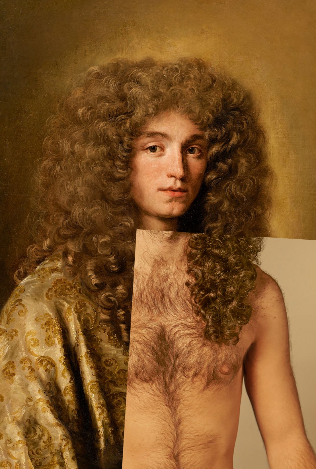 The exposition poster shows a photograph of a man's body hair fused with Flemish painter Jacob Ferdinand Voet's "Portrait of a man," finished before 1989l.