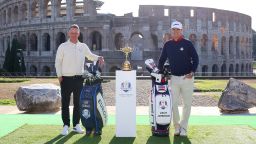 ROME, ITALY - OCTOBER 04: Team Captains Luke Donald of England and Zach Johnson of The United States pose for a photograph with the Ryder Cup Trophy at the Colosseum during the Ryder Cup 2023 Year to Go Media Event on October 04, 2022 in Rome, . (Photo by Andrew Redington/Getty Images)