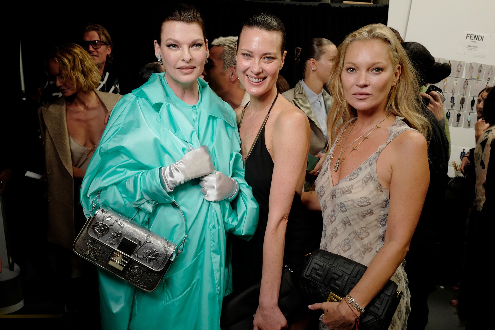 Linda Evangelista, Shalom Harlow, and Kate Moss at the Front Row of the Fendi Spring 2023 fashion show at the Hammerstein Ballroom on September 9th, 2022 in New York City, New York. (Photo by Swan Gallet/WWD via Getty Images)