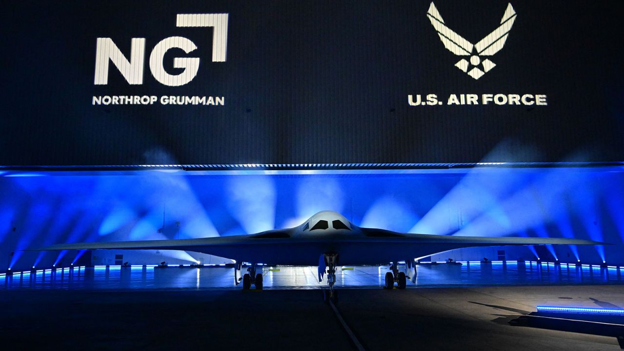 The B-21 Raider is unveiled during a ceremony at Northrop Grumman's Air Force Plant 42 in Palmdale, California, on December 2, 2022. 