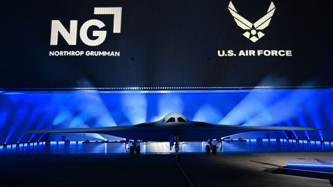 The B-21 Raider is unveiled during a ceremony at Northrop Grumman's Air Force Plant 42 in Palmdale, California, on December 2, 2022.
