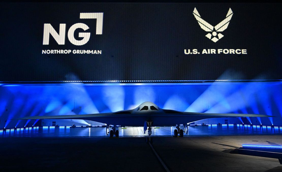 The B-21 Raider is unveiled during a ceremony at Northrop Grumman's Air Force Plant 42 in Palmdale, California, on December 2, 2022. 