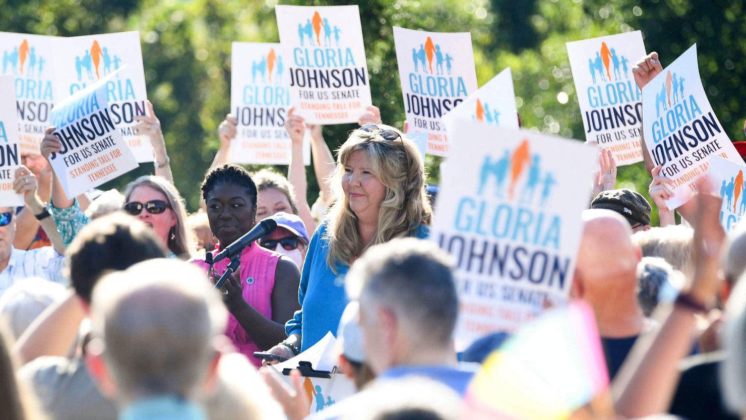 Supporters gather around Tennessee state representative Gloria Johnson as she announces her run for US Senate at Savage Gardens in Knoxville, Tennessee, on September 5. 