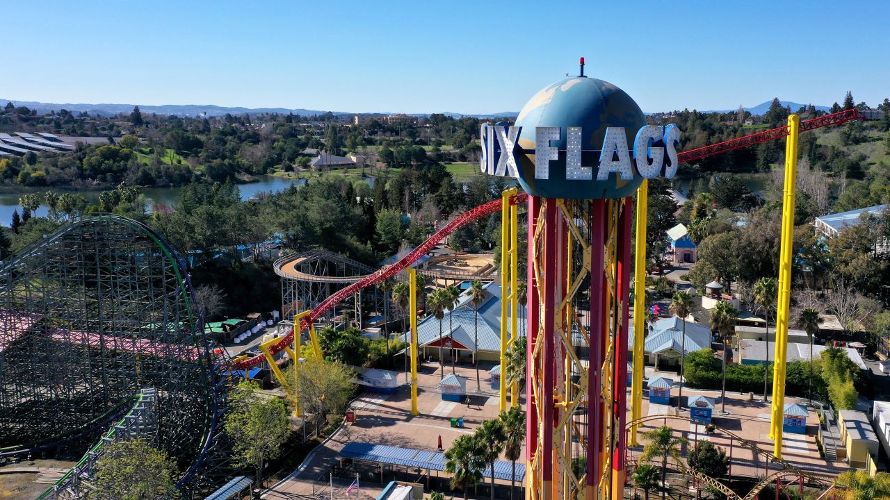VALLEJO, CALIFORNIA - FEBRUARY 24: An aerial drone view of the Six Flags Discovery Kingdom theme park on February 24, 2021 in Vallejo, California. Despite a fourth quarter loss due to the COVID-19 pandemic, Six Flags posted better than expected revenue of $108.6 million for the quarter compared to analyst expectations of $87 million. (Photo by Justin Sullivan/Getty Images)