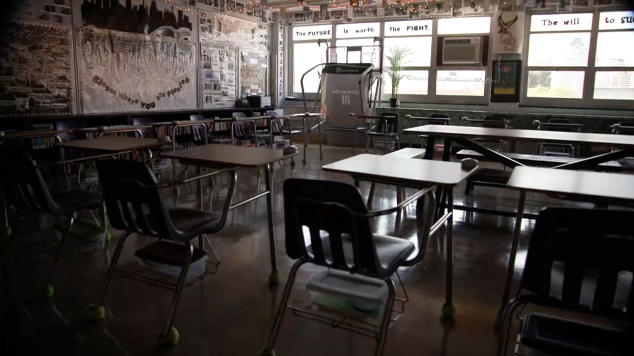 An empty classroom at City Springs Elementary/Middle School in Baltimore on Tuesday. City Springs is one of the schools having to adjust their hours due to excessively hot weather. 