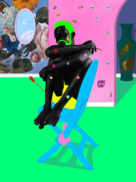 In "after she spoke," a man covered in polka dots sits on a chair is he gazes out into the abyss. Yusuf's art often incorporates connected elements, as shown here, which includes his familiar arrow and a mirror similar to the one in "This too shall pass" -- except this time, with a crack.