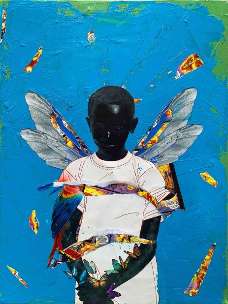 Artist Abdulrahman Adesola Yusuf, also known as Arclight, creates collages that capture the dichotomy of life in Lagos, Nigeria. In this piece, called "The boy with wings" (2021), Yusuf creates rough tears in the canvas, revealing snippets of comics underneath, to symbolize how one's memories become fragmented over time.
