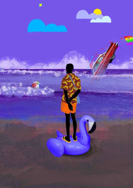 Yusuf, 26, describes his style as a mix of surrealism, pop and figurative art. Picture: "That day" (2022), where a figure at a beach stands on top of an inflatable pool raft as he gazes out into the ocean. In the piece, "you can see proof of human conquest litters the place as the subject tries to live in the moment," the artist says.