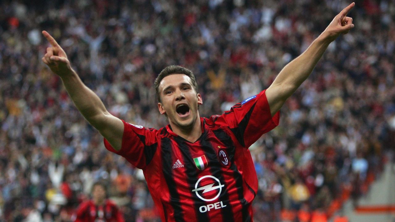 Andriy Shevchenko of AC Milan celebrates scoring the first goal during the UEFA Champions League semi-final first leg match between AC Milan and PSV Eindhoven at San Siro on April 26, 2005 in Milan, Italy.