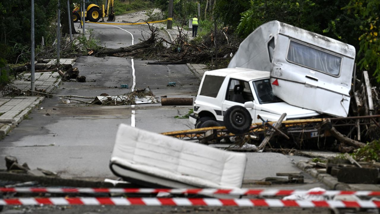 The wreckage of a car and a caravan in Tsarevo, Bulgaria, on September 6, 2023 after floods along the Black sea coast. 