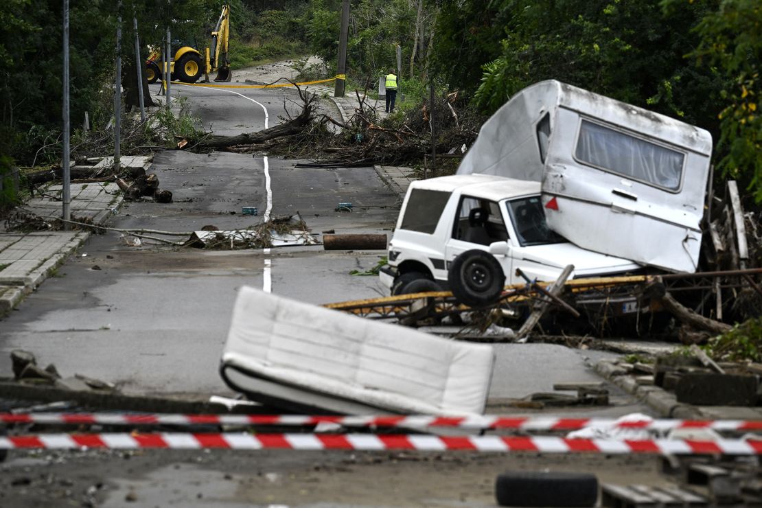 The wreckage of a car and a caravan in Tsarevo, Bulgaria, on September 6, 2023 after floods along the Black sea coast. 