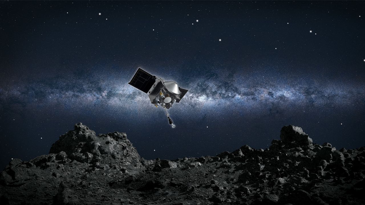 NASA's OSIRIS-REx spacecraft descends toward the rocky surface of asteroid Bennu in this artist's concept. Asteroids like Bennu contain natural resources such as water, organics, and precious metals. In the future, these asteroids may one day fuel the exploration of the solar system by robotic and crewed spacecraft.
