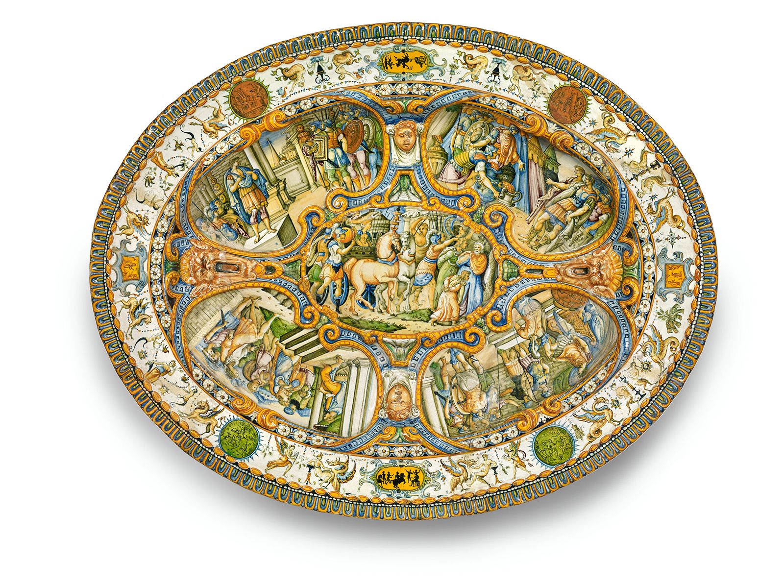 An oval Italian maiolica dish that sold for $163,800 at one of the auctions.