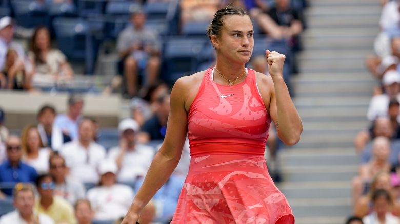 Aryna Sabalenka, of Belarus, reacts during a match against Zheng Qinwen, of China, during the quarterfinals of the U.S. Open tennis championships, Wednesday, Sept. 6, 2023, in New York. 
