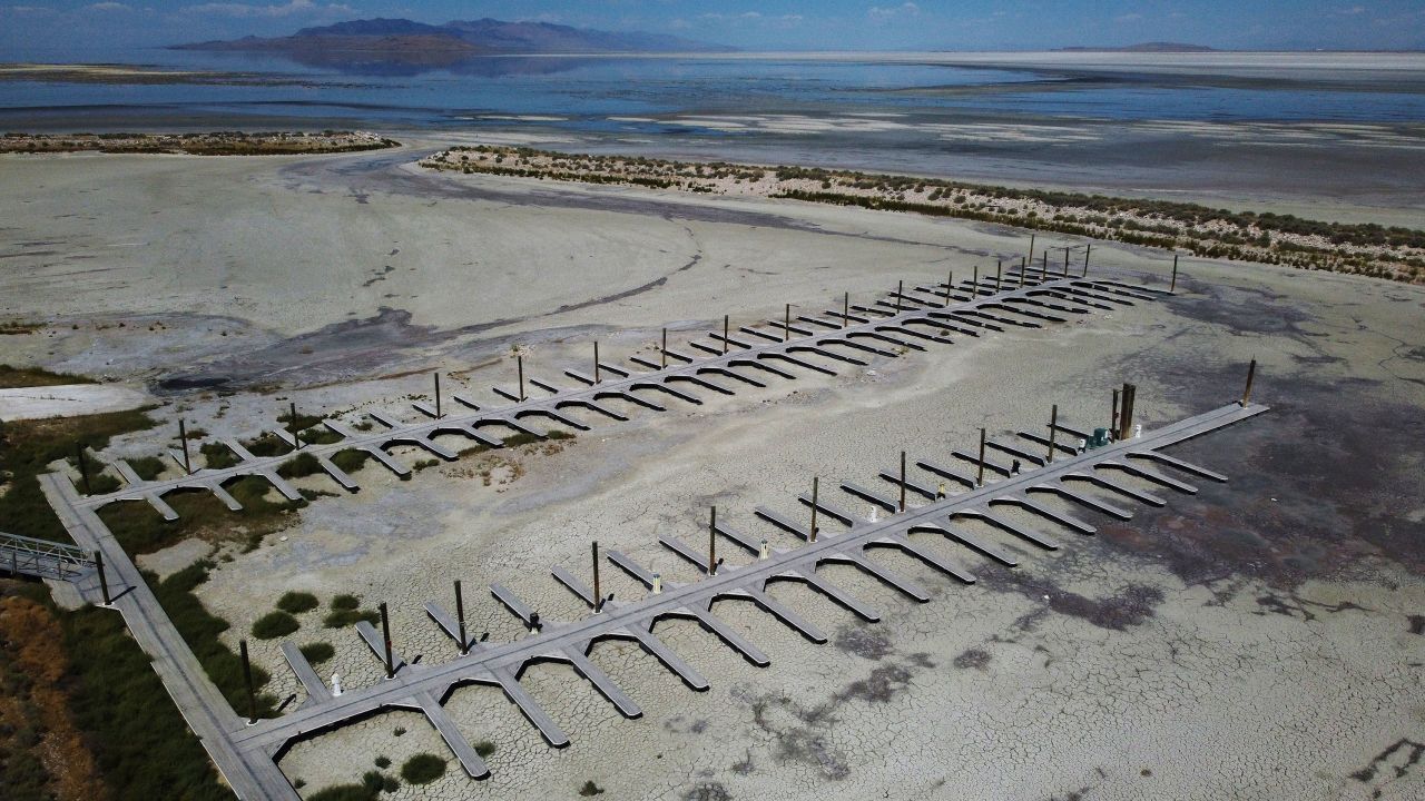 Empty docks at the Antelope Island Marina at the Great Salt Lake amid record-low water levels on August 31, 2022.
