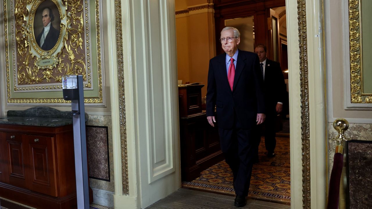 Senate Minority Leader Mitch McConnell walks from the Senate Chambers at the Capitol on September 6, in Washington, DC. 
