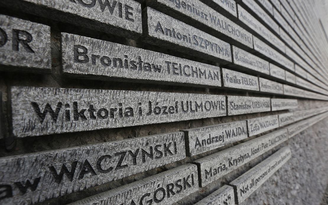 The names of Wiktoria and Jozef Ulma are seen on a commemorative wall at the Markowa Ulma-Family Museum of Poles Who Saved Jews in World War II.