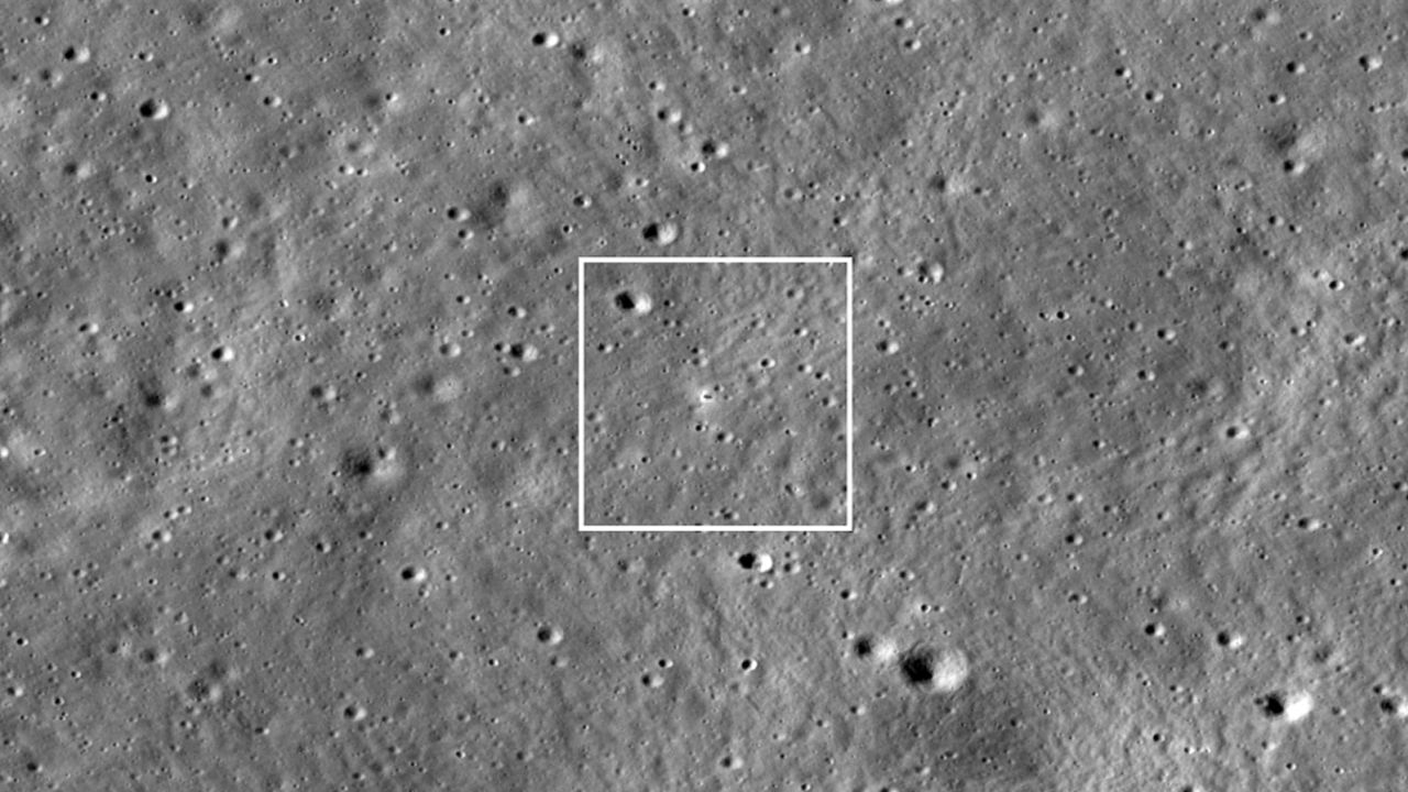The Chandrayaan 3 lander is in the center of the image, its dark shadow visible against the bright halo surrounding the craft. The width of the image is 1,738 meters. Frame No.M1447750764LR.