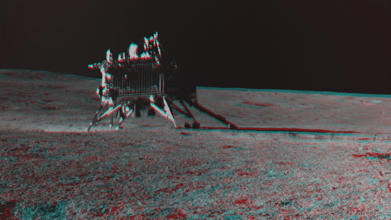 Anaglyph is a simple visualization of the object or terrain in three dimensions from stereo or multi-view images. 
The Anaglyph presented here is created using NavCam Stereo Images, which consist of both a left and right image captured onboard the Pragyan Rover. 
In this 3-channel image, the left image is positioned in the red channel, while the right image is placed in the blue and green channels (creating cyan). The difference in perspective between these two images results in the stereo effect, which gives the visual impression of three dimensions.
Red & Cyan glasses are recommended for viewing in 3D
NavCam was developed by LEOS / ISRO. Data Processing is carried out by SAC / ISRO