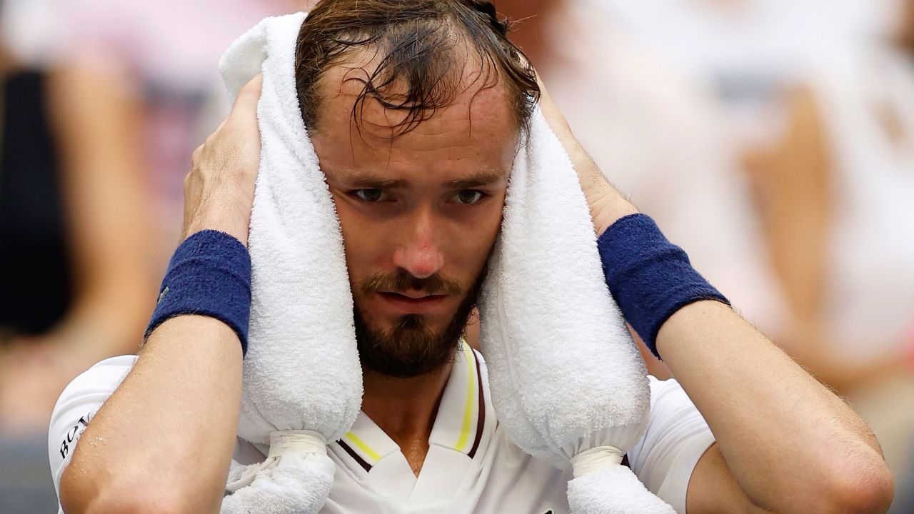 Daniil Medvedev cools down between games during his match against Andrey Rublev at the US Open. 