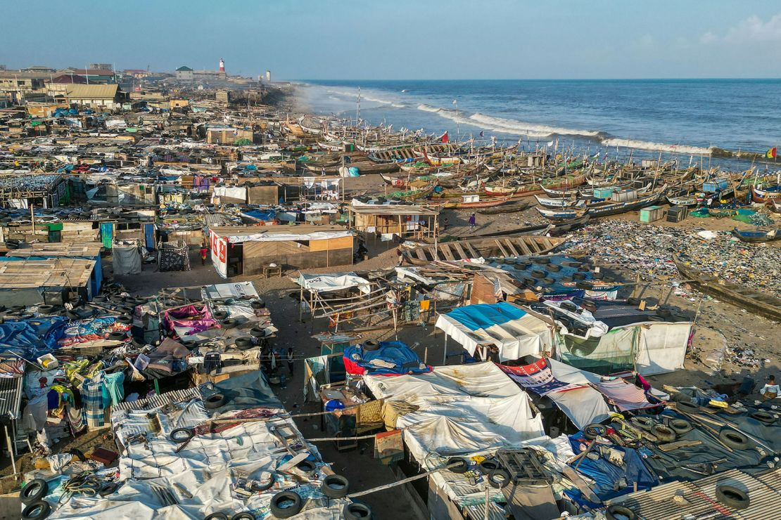 Informal housing and buildings on the shoreline of Jamestown beach in Accra, Ghana, on Tuesday, July 5, 2022.