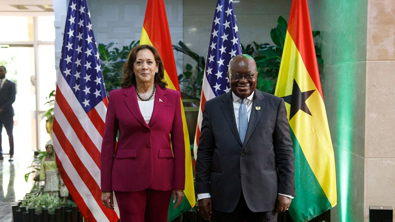 U.S. Vice President Kamala Harris is welcomed by Ghana President Nana Akufo-Addo in Accra, Ghana, Monday March 27, 2023. Harris is on a seven-day African visit that will also take her to Tanzania and Zambia. (AP Photo/Misper Apawu)