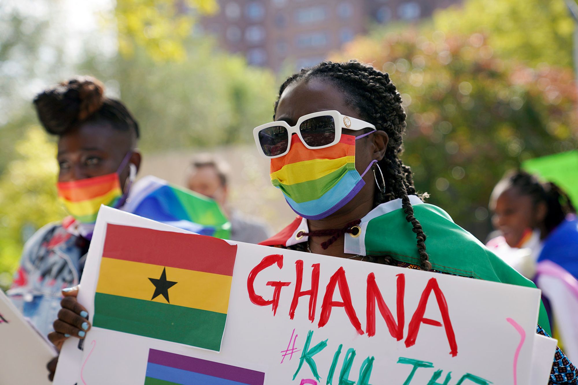 Wilhemina Nyarko attends a rally against a controversial bill being proposed in Ghana's parliament that would make identifying as LGBTQIA or an ally a criminal offense punishable by up to 10 years in prison, in the Harlem neighborhood of New York on Monday, Oct 11, 2021. "It's a scary bill," says Nyarko, who is from Ghana and has lived in New York for thirty years. "I felt I needed to come and support this." (AP Photo/Emily Leshner)