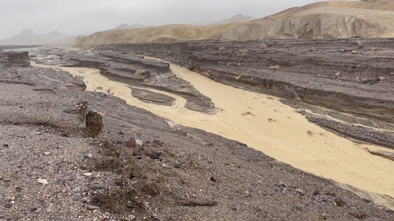A view of flooding caused by heavy rain in Gower Gulch near Zabriskie Point, in Death Valley National Park, California, U.S. August 20, 2023 in this screengrab from handout video. National Park Service/Handout via REUTERS    THIS IMAGE HAS BEEN SUPPLIED BY A THIRD PARTY. MANDATORY CREDIT