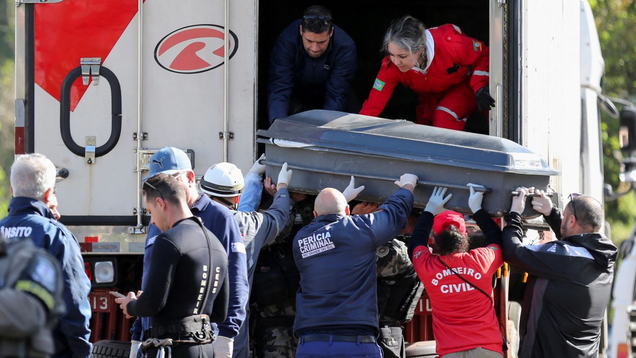 Funeral directors and forensic workers load bodies of victims into a refrigerated truck after an extratropical cyclone hit southern cities, in Mucum, Rio Grande do Sul, Brazil, September 6, 2023. 