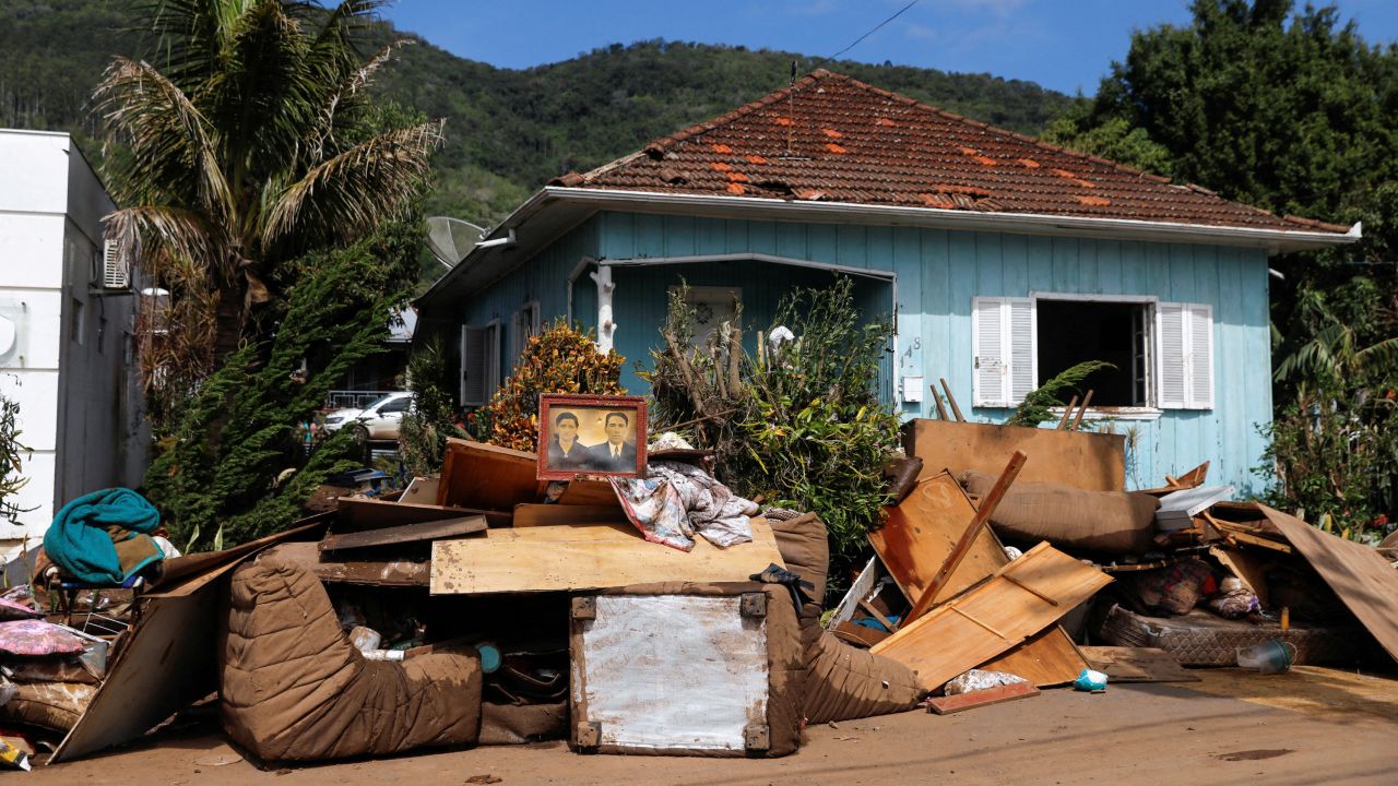 Residents' belongings are seen amid a clean-up of a flooded area in Mucum, Rio Grande do Sul, Brazil, September 6, 2023.