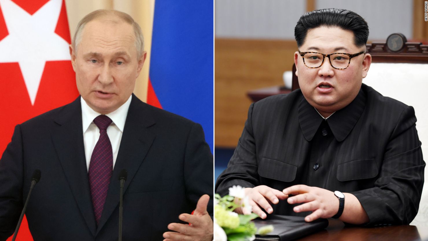 Left - Russian President Vladimir Putin gestures during his joint news conference with Turkish President Recep Tayyip Erdogan (not pictured), on September 4,2023, in Sochi, Russia. Right - North Korean leader Kim Jong Un speaks during the Inter-Korean Summit at the Peace House on April 27, 2018, in Panmunjom, South Korea.